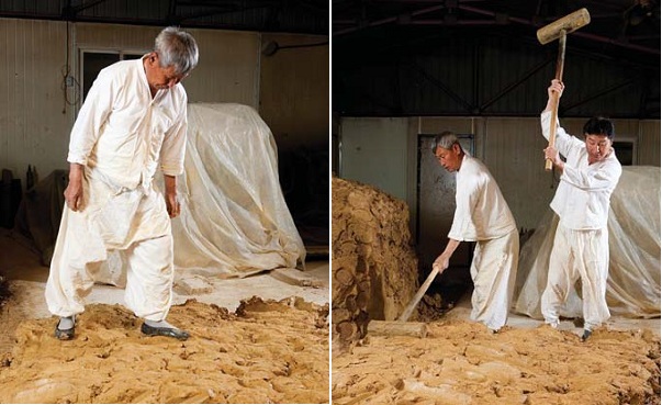 Left) As the clay dries, begin to form it into bricks; (right) Hammer and beat the clay into shape.