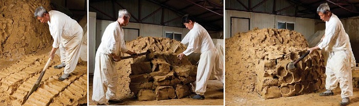 (Left) After kneading, cut the clay into hand-held sized pieces; (middle) Pile the broken clay in place; (right) Pound the clay with a mallet to soften the clay.
