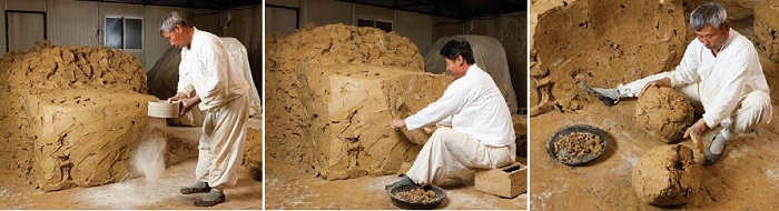 (Left) Cover the clay bricks with clean dirt to prevent them from sticking; (middle) Again, remove any contaminants by slicing the clay bricks with a so-called mud knife; (right) Lump the clay into large, round clods. 