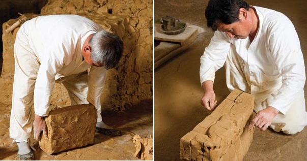 (Left) Pound the clay to make it square; (right) Form the clay into a strip.