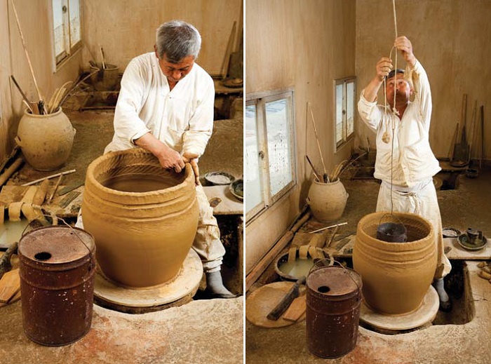 (22) The pottery is shaped by hand from the base and up the sides. (23) When shaping larger urns, the potter places a brazier of wood charcoal inside to help dry the clay and to help prevent the walls from collapsing as he continues to work. 