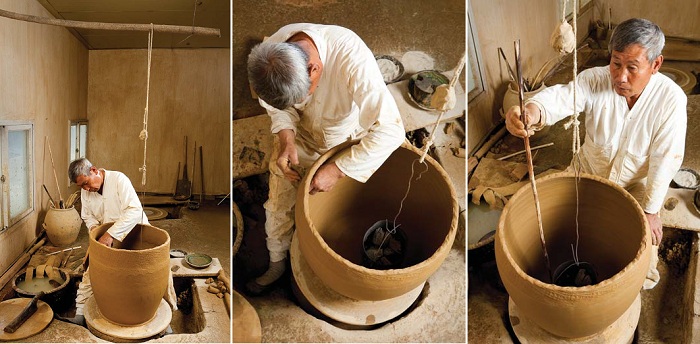 (24) Hanging a burning brazier inside the unfinished urn helps to dry the clay as the artisan continues to shape the sides. (25) The craftsman hangs a charcoal-burning brazier inside the unfinished urn as he trims the sides with a geungae, a tool used for trimming. (26) The potter measures the height of the urn with a graduated length of wood. 