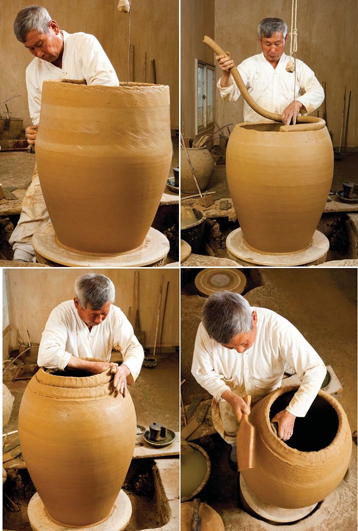 (27) The artisan trims the sides of the urn with a geungae. (28) A length of rope helps the potter to shape the sides of the larger urns. (29) The final layers of clay are laid for the upper edge of the sides. (30) The craftsman uses a tool in each hand to finalize the proper shape of the sides. 