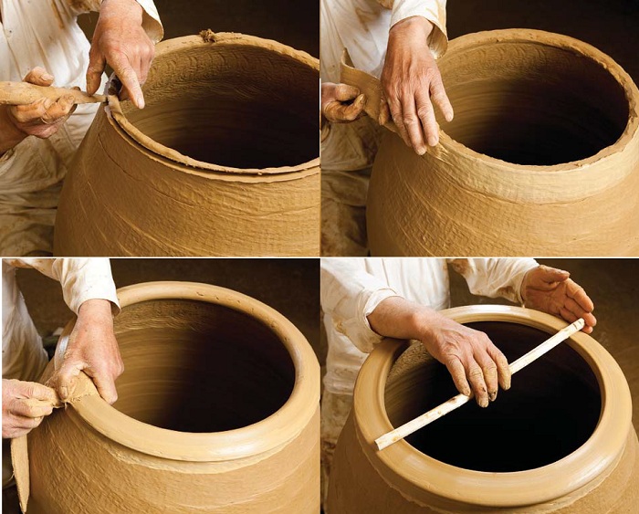 (31) Excess clay is cut away along the lip. (32) A cloth or a strip of leather is used to shape the final opening. (33) The final lip is shaped with a strip of cloth or leather. (34) The potter measures the width of the opening, making sure the urn is properly balanced. 