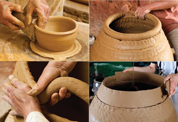 (Top, left) The base of the urn is built up by hand; (Top, right) The sides of the urn are built up by placing layer upon layer of long, round clay strips; (Bottom, left) The urn is shaped with a spiral layer-upon-layer construction of a long, cylindrical clay strip; (Bottom, right) The sides are finished with a long, thin slab of shaped clay. 