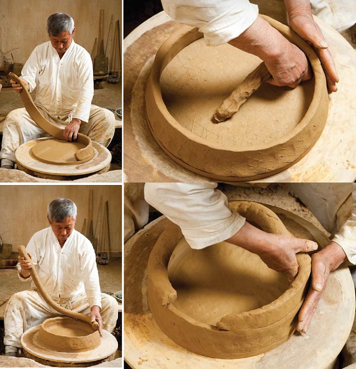 (8) The artisan shapes the pottery from the base, forming each layer by hand. (9) It is essential to firmly connect the bottom of the urn with the first layer. (10) Each subsequent layer of clay is carefully placed atop the lower layers. (11) The artisan uses his hands to shape the sides of the urn. 