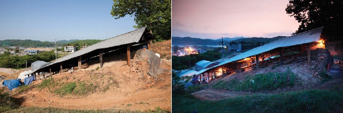 (From left) A panorama of a kiln in daylight; A panorama of a kiln at night. 