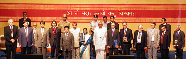 Indian President Pratibha Patil and winners of the Fields Medal attend the opening and award ceremony of the 2010 ICM, held in Hyderabad, India. (photo courtesy of the Seoul ICM 2014 Organizing Committee) 