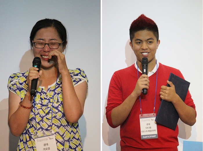 The grand prize goes to the <i>Gwangdae</i> team from Andong University, the, "Clown," team, in English. Two of the team members, including Gao Jing (bottom, left), and Daniel express their joy at winning. (photo: Wi Tack-whan) 