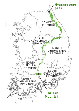 The <i>Baekdudaegan</i> crosses the Korean Peninsula from north to south.