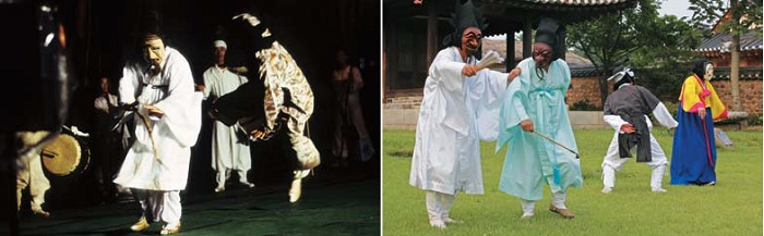 (Left) A nobleman scene from the Goseong-area mask dances; (right) A nobleman scene from the mask dances of Hahoe.