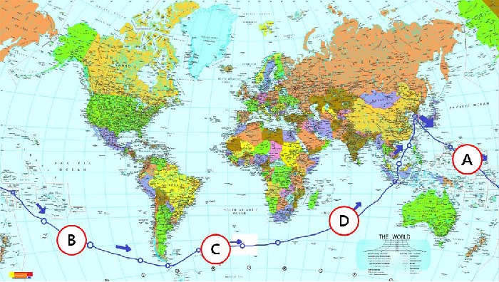 Kim plans to sail around the globe from A to D.