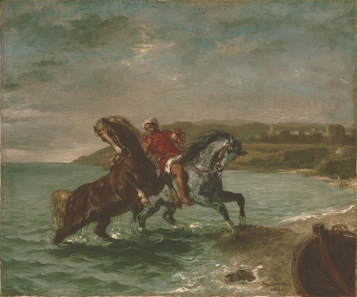 "Horses Coming Out of the Sea" was painted in 1860 by Eugène Delacroix. The Romantic artist was known to have been inspired by the natural landscapes he saw during his trips to North Africa in the 1830s.