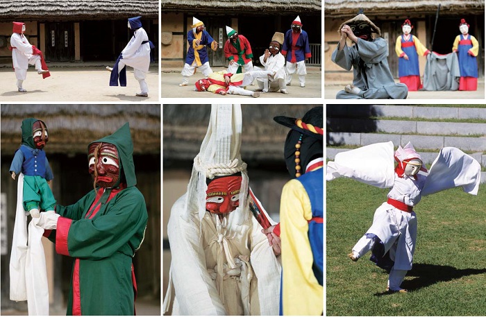 (From top left to lockwise) Dance of young monks from the Yangju Byeolsandae Nori; Sinjubu (acupuncturist) episode from the Songpa Sandae Nori; Old Monk episode from the Songpa Sandae Nori; Yangju Byeolsandae Nori; Songpa Sandae Nori; Songpa Sandae Nori - Chwibari holding his baby 