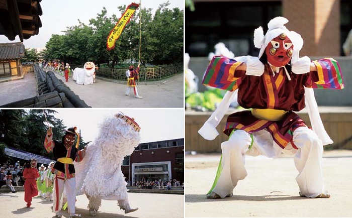 (Left, above) A street parade is part of the Eunyul mask dance; (Left, bottom) The lion dance from the Eunyul mask dance; (right) The monk dance from the Eunyul mask dance. 