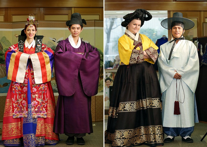 (From left) Paria Samimi Sabet from Iran, Andrei Renzo Lugtu from the Philippines, Magdalena Malachowska from Poland and Jello Aguaras from Palau dress in Hanbok as couples. Lugtu created a comic strip about how his life changed after watching a certain soap opera. Malachowska won with a comic strip, as well, where she tells about her love for TVXQ, a pop group, and for Korean food. Aguaras took a photograph showing a hopeful message for the reunification of Korea.