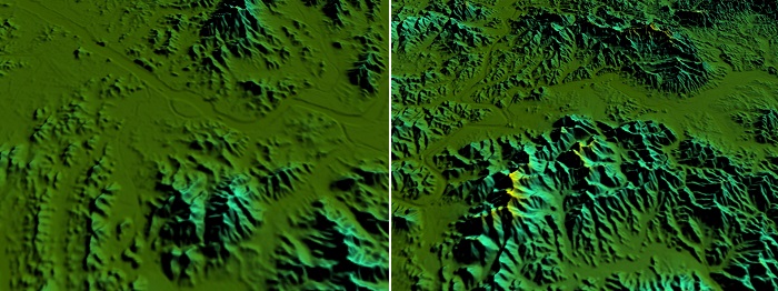 (Left) A Digital Elevation Model of Seoul shows the Hangang River flowing through the center of the city, embraced by Inwangsan Mountain to the north and Gwanaksan Mountain to the south. (Right) Daegu is located in a basin surrounded by mountains to both the south and the north, and the Geumhogang River flows in an east-to-west direction.