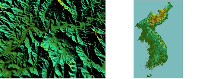(Left) There are lakes and dams around Hwacheon County in Gangwon Province. (Right) The Korean Peninsula.