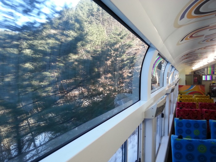 The A-Train is decorated with colorful designs and is equipped with comfortable seats and large windows.