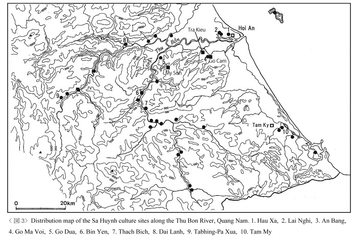 This map shows the locations where ancient Vietnamese Sa Huỳnh artifacts were found along the Thu Bon River.