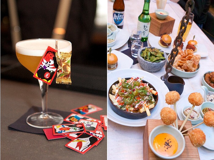 Jinjuu is renowned for offering charmingly decorated Korean dishes. Pictured at left is a cocktail adorned with <i>hwatu</i> gambling cards, and at right are some fried and grilled items served with soju.