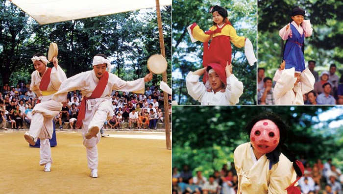 (Left) The geosa dance; (top) The child's dance, where the youngster stands on the shoulders of an adult; (bottom) The hunchback's dance. 