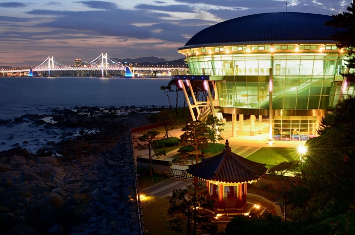 The nightscape of the Gwangan Bridge (top) is one of Busan's most beautiful landmarks. The Nurimaru APEC House (bottom) glows against the backdrop of the bridge.