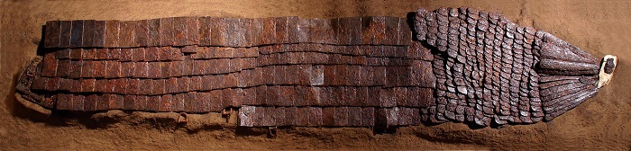 Pictured is a piece of horse armor from the 400s. It was excavated from one of the Malisan tumuli in June 1992. It is one of the best-preserved such relics, and shows the outstanding metalsmithing skills that existed in Aragaya.