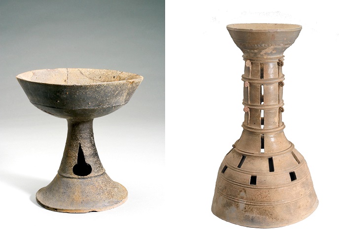 Aragaya was a kingdom of potters. Many of its tombs evidence a range of earthenware. Researchers have found that much of the pottery had to have been created in a kiln by professional potters. One of the iconic Aragaya relics is a style of perforated hourglass items with a supposed flame-shaped hole on the side, believed to have been produced between the 400s and 500s. Most of the earthenware has been excavated from around Haman-gun County, and also from the neighboring regions of Changwon, Masan, Uiryeong and Jinju in the western parts of South Gyeongsang Province. Some items have also been found near Geochang in South Gyeongsang and near Gimcheon, Gyeongju and Busan in North Gyeongsang province, and as far afield as Kinki in Japan. The archaeological evidence suggests that Aragaya was active in communicating and trading with neighboring kingdoms. The total number of earthenware items with the "flame holes" found to date is 150, and no less than 100 of them were excavated near Haman.