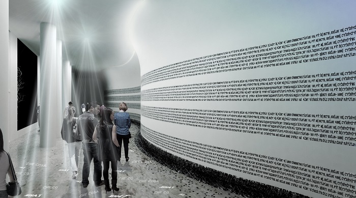 The side of a wall is decorated with many cuisines' nutritional information in the language of its home country.