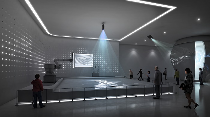 The arms of the robot to the left control a moving screen. It presents Korean cuisine as a food for the future, as it is known for its nutritional and health-enhancing qualities.