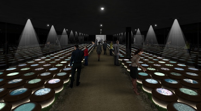 The Korean Pavilion introduces the scientific tradition of fermentation as used in Korean cuisine. The 365 ceramic urns on display are interplayed with lights and videos to show how many ingredients were fermented by the power of the sun and the earth.