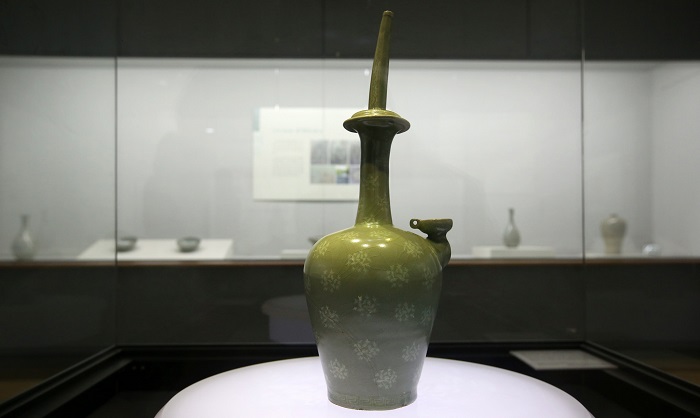 Gangjin Celadon Museum displays a wide variety of celadon wares from the 9th through to the 15th centuries. Pictured is Celadon Kundika with Inlaid Peony Design produced during the 13th century.