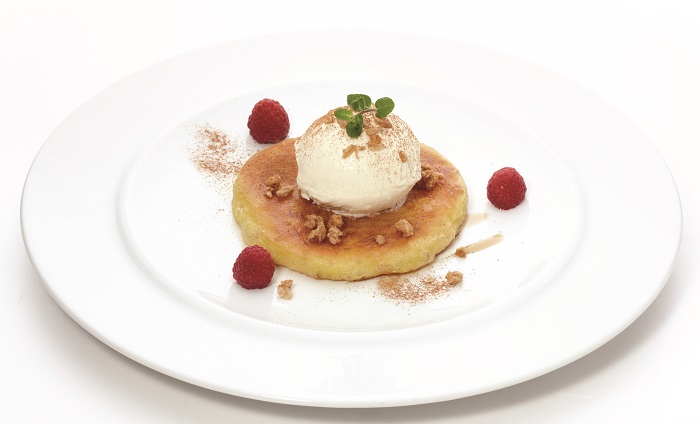 Sweet nutty pancakes with ice cream.