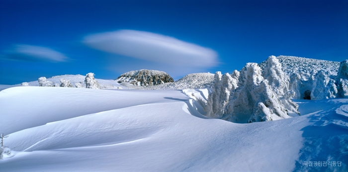 A second-place winner, Go Seung-chan, takes a photo of the snowscape atop Hallasan Mountain with flat clouds above.