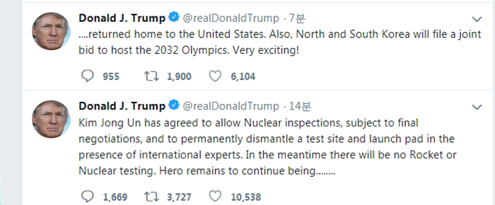 U.S. President Donald Trump posts on his personal Twitter feed about the denuclearization measures agreed upon by the two Korean leaders in the Pyeongyang Joint Declaration on Sept. 19. (Twitter)