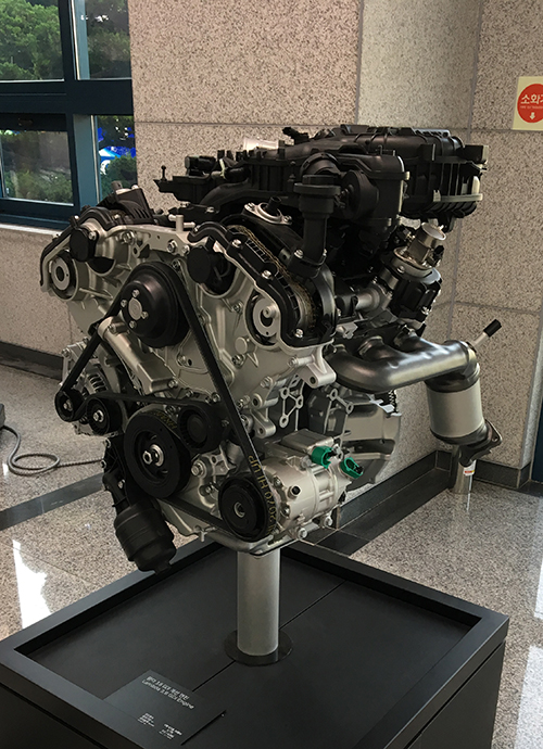  
A car engine is on display at the cultural center of Hyundai in Ulsan. 
