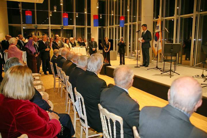 Ambassador of the Republic of Korea to the Hellenic Republic Lim Soosuk welcomes the guests at the National Foundation Day Celebration, honoring especially the Greek Veterans Soldiers of the Korea War some sitting in the first row. (Embassy of Korea in Greece)