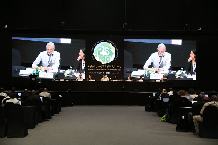 Ramsar Deputy Secretary General Jonathan Barzdo announces the Ramsar Wetland Cities at the 13th Meeting of the Conference of the Contracting Parties to the Ramsar Convention on Wetlands (COP13) held in Dubai, the United Arab Emirates on Oct. 25. (Ministry of Environment)