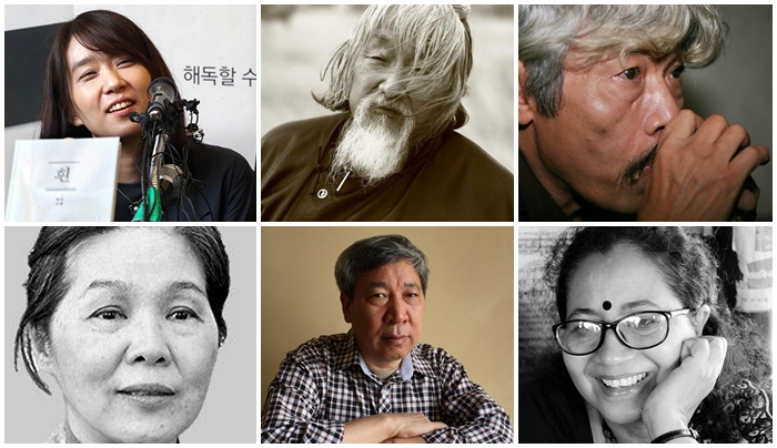 The 2nd Asian Literature Festival 2018, to be held in Gwangju from Nov. 6 to 9, invites Asian writers to talk about peace in Asia. Clockwise from top left: Korean writer Han Kang, Mongolian poet Damdinsuren Uriankhai, Vietnamese novelist Bao Ninh, Bangladeshi writer Shaheen Akhtar, Chinese novelist Yan Lianke and Japanese writer Sakiyama Tami. (Asia Culture Center)