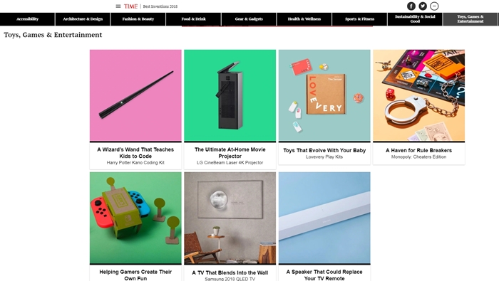 The U.S. magazine Time has included Samsung’s QLED TV (second from the first row) and LG’s CineBeam Laser 4K Projector (second from the second row) on its list of Best Inventions 2018 in the toys, games and entertainment category. (TIME Magazine)