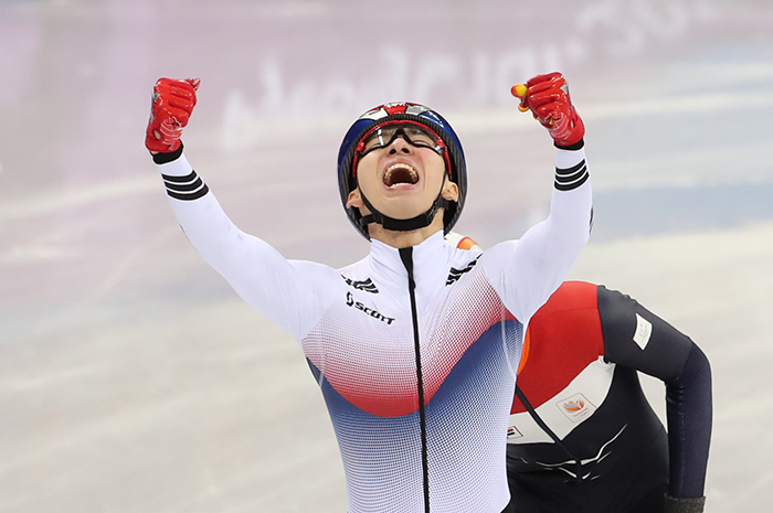 Lim Hyojun celebrates after winning the men’s 1,500 m final in the PyeongChang 2018 Winter Olympics, at the Gangneung Ice Arena on Feb. 10.