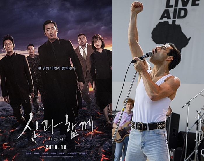 Left is a poster of the Korean blockbuster ”Along with the Gods: The Last 49 Days,” which was the country’s most successful film in 2018, and right is a scene from the Queen hit biopic ”Bohemian Rhapsody.” (Dexter Studios, 20th Century Fox Korea)