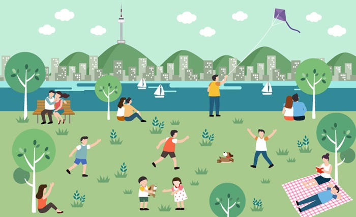 Hangang Park, spanning 11 parks around the Hangang River running through Seoul, is a popular place where people can stroll around, exercise and enjoy leisure activities. (iClickart)