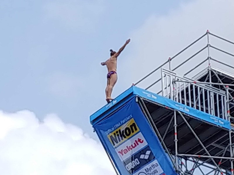 Swiss high diver Matthias Appenzeller prepares to jump on the springboard.
