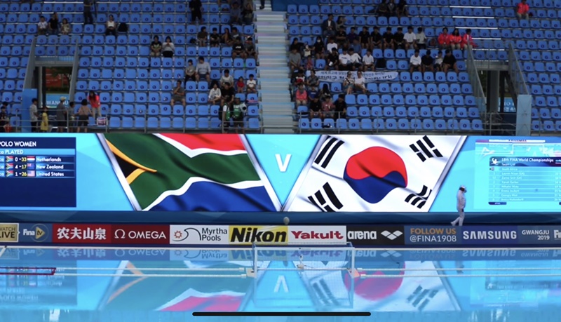 South Africa and Korea square off in their first men's water polo match. In its first game, the Korean team scored its historic first goal in a world championship in a 30-1 loss to Russia.