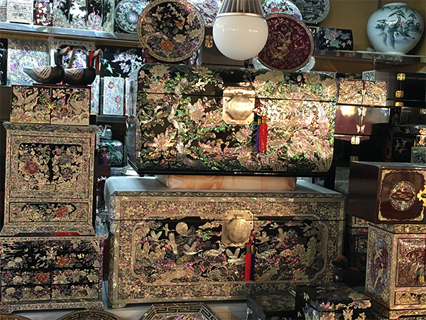 Chests and boxes inlaid with mother-of-pearl are available at Gwangjang Market.