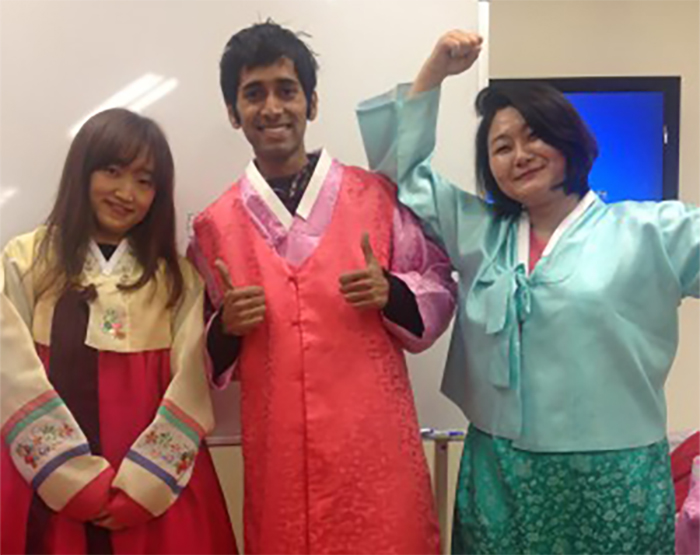 I wear Hanbok for the first time in class.