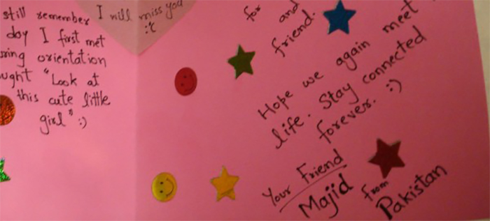 I say goodbye to my Korean friends with a card.