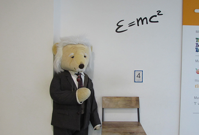 The Einstein teddy bear is on display. It seems as if it's explaining the mass–energy equivalence theory to the visitors.